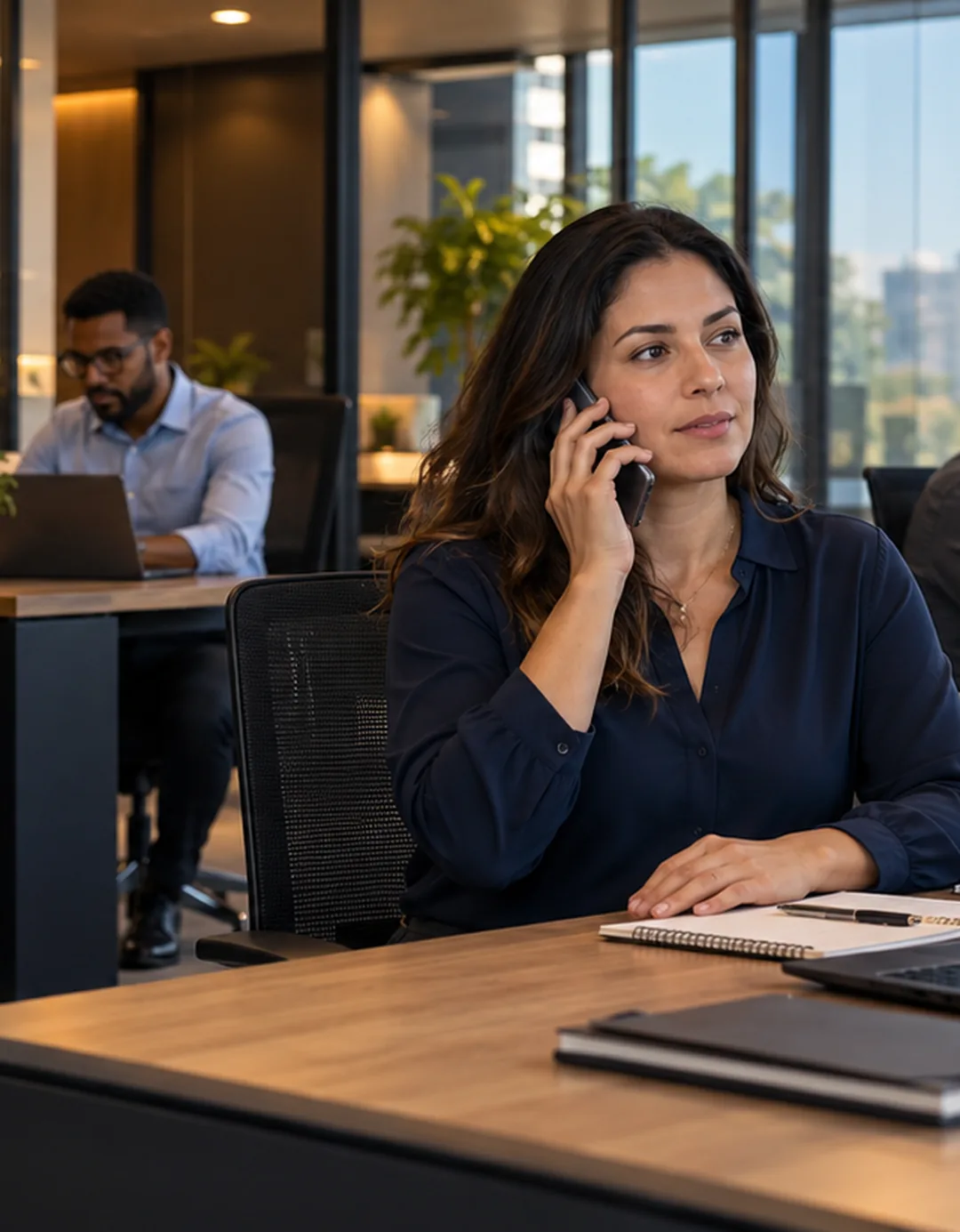 Profissionais utilizando telefonia e dispositivos móveis em um ambiente corporativo.
