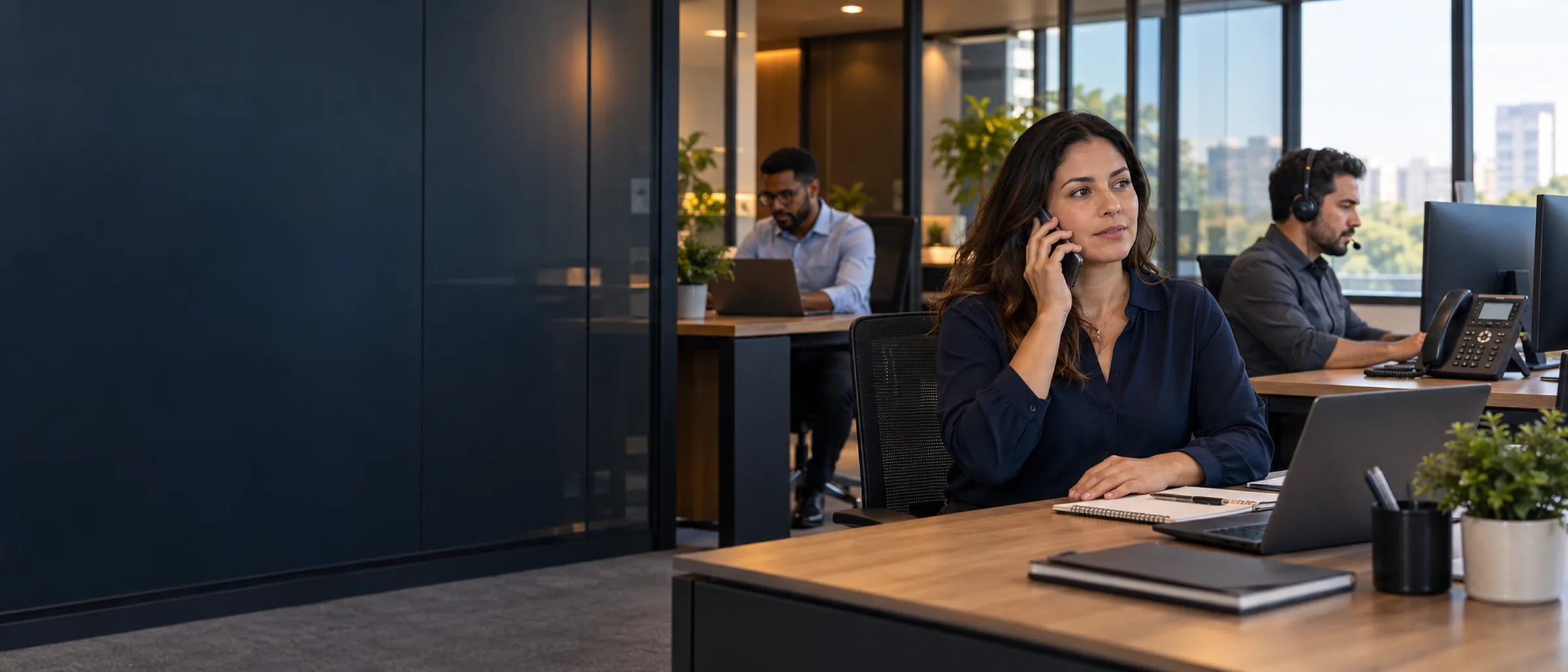 Profissionais utilizando telefonia e dispositivos móveis em um ambiente corporativo.
